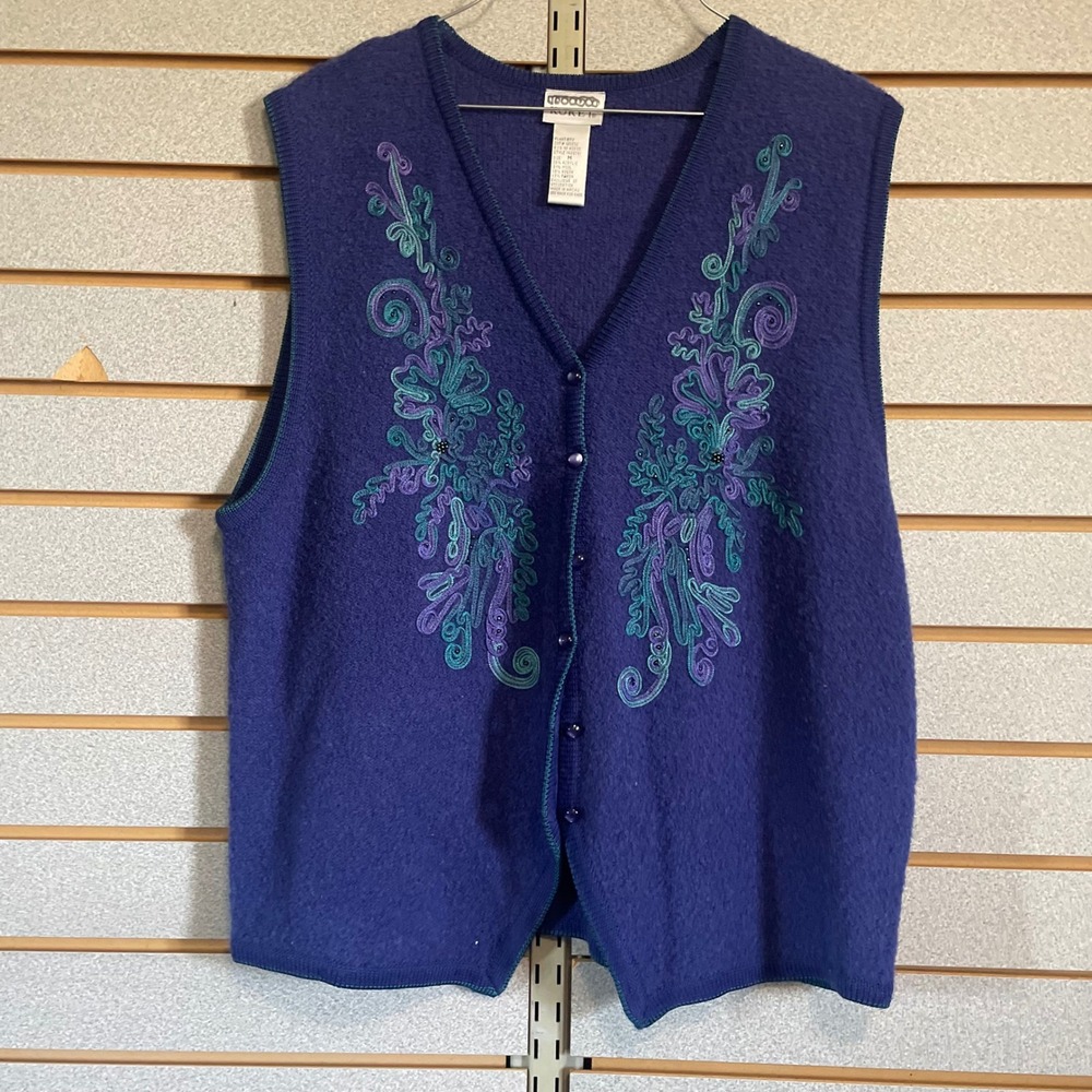 Koret Vintage Embroidered Sweater Vest Purple Teal Womens Medium Sleeveless